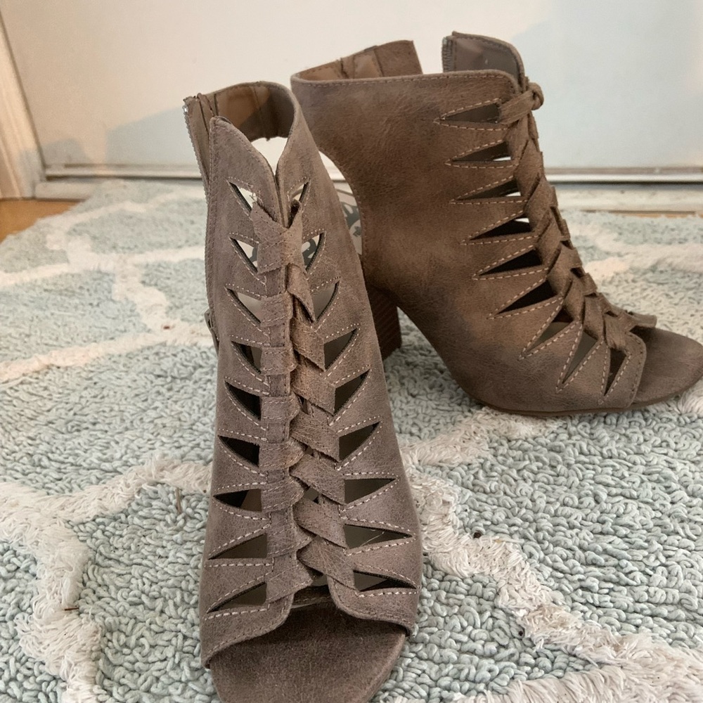 Taupe Fergalicious lace up booties